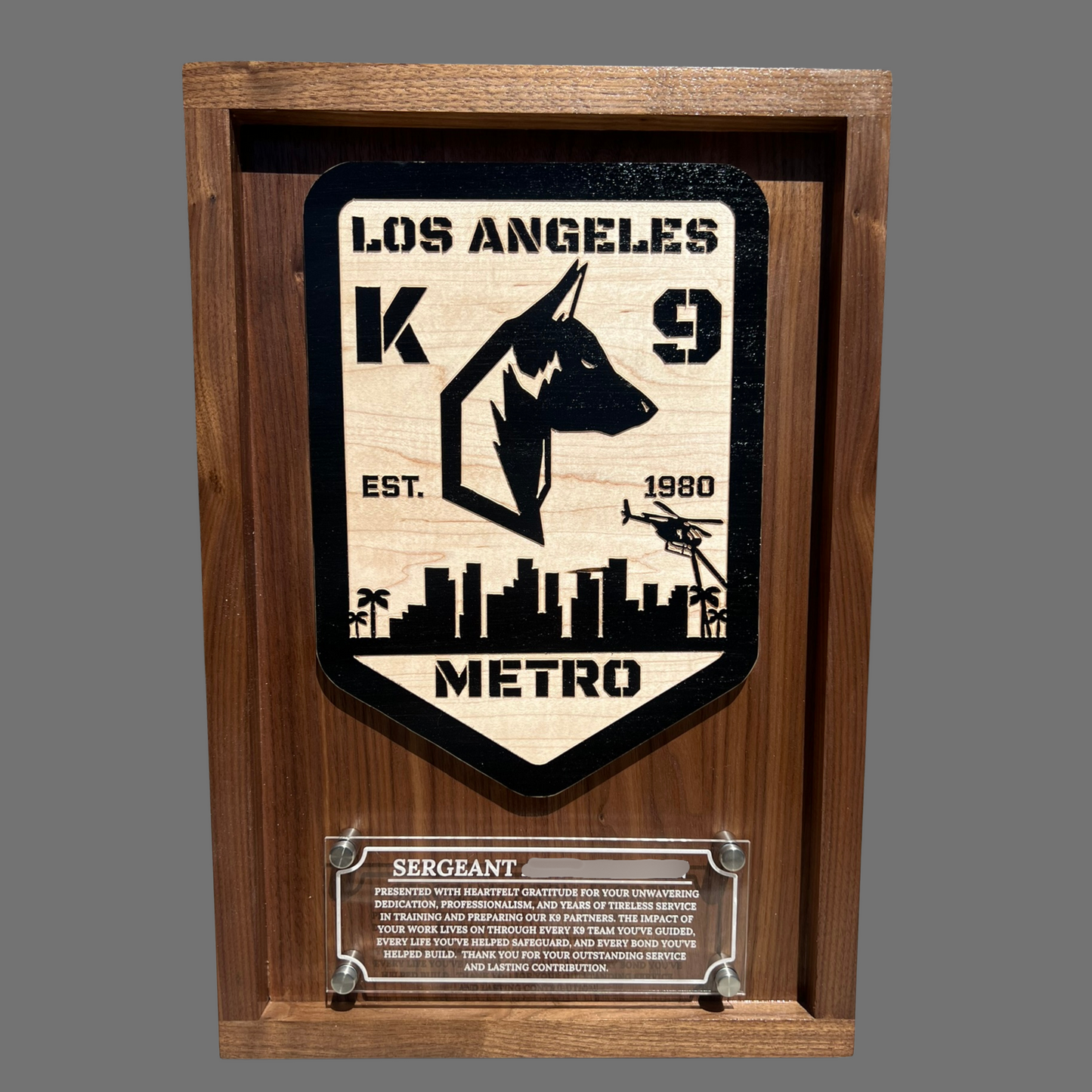 Wooden Plaque With Badge & Engraved Acrylic