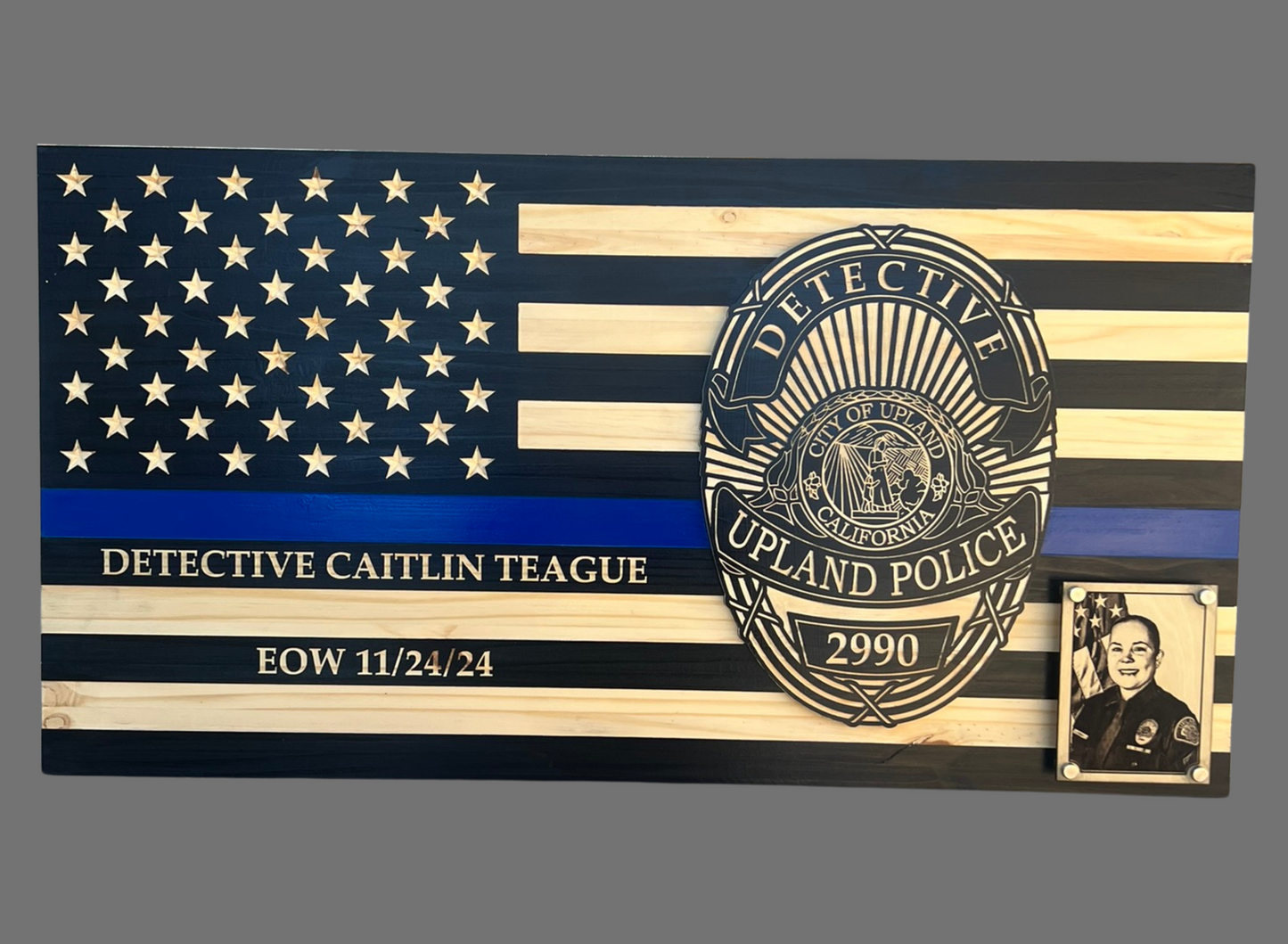 Custom Wood Thin Blue Line Flag with Inlay Badge