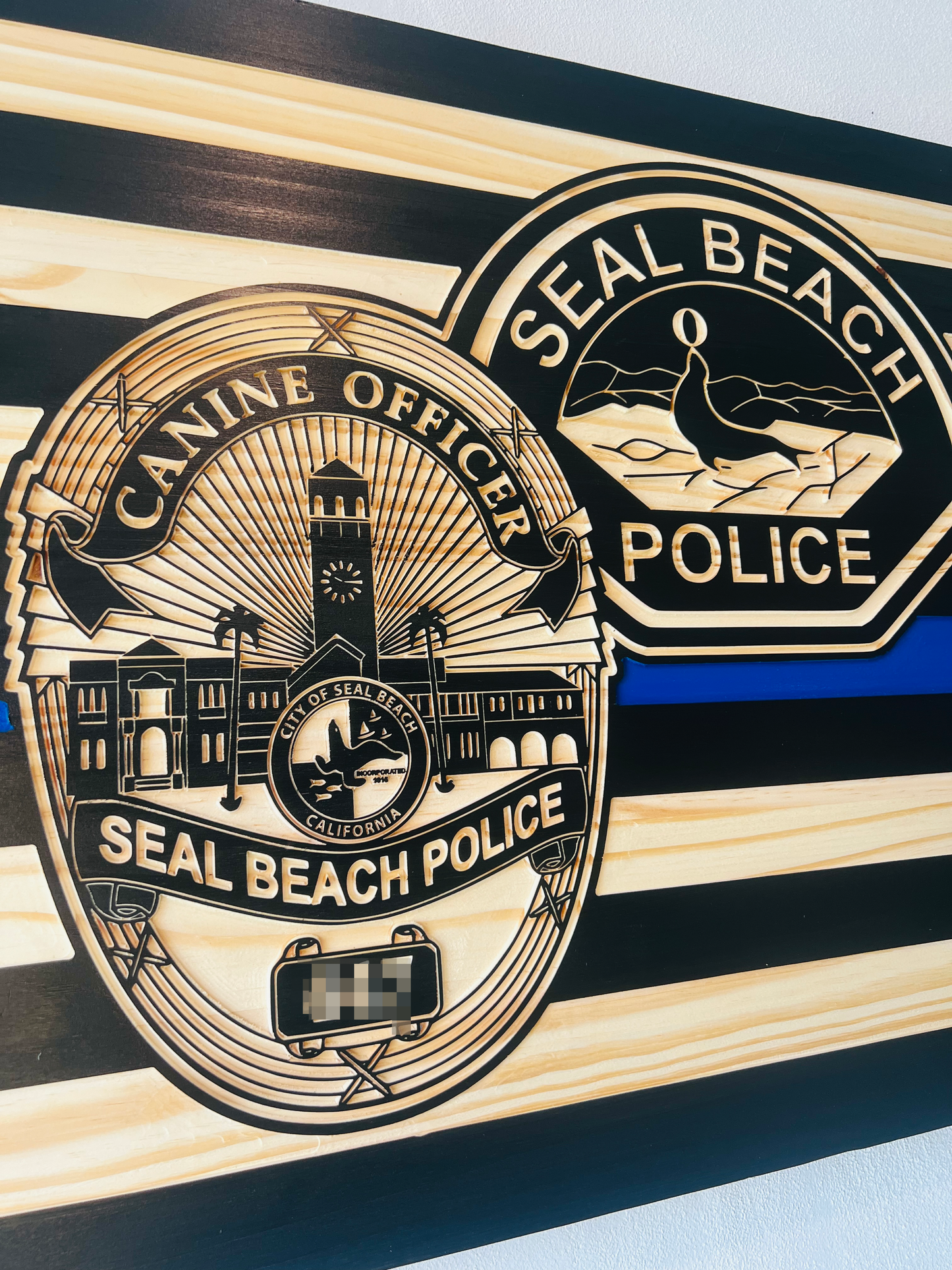 Custom Wood Thin Blue Line Flag with Patch & Badge