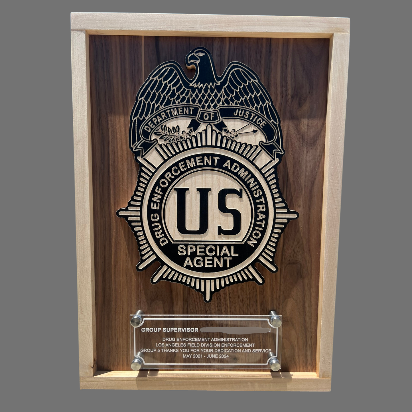 Wooden Plaque With Badge & Engraved Acrylic