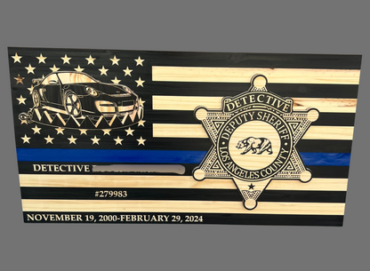 Custom Wood Thin Blue Line Flag with Inlay Badge