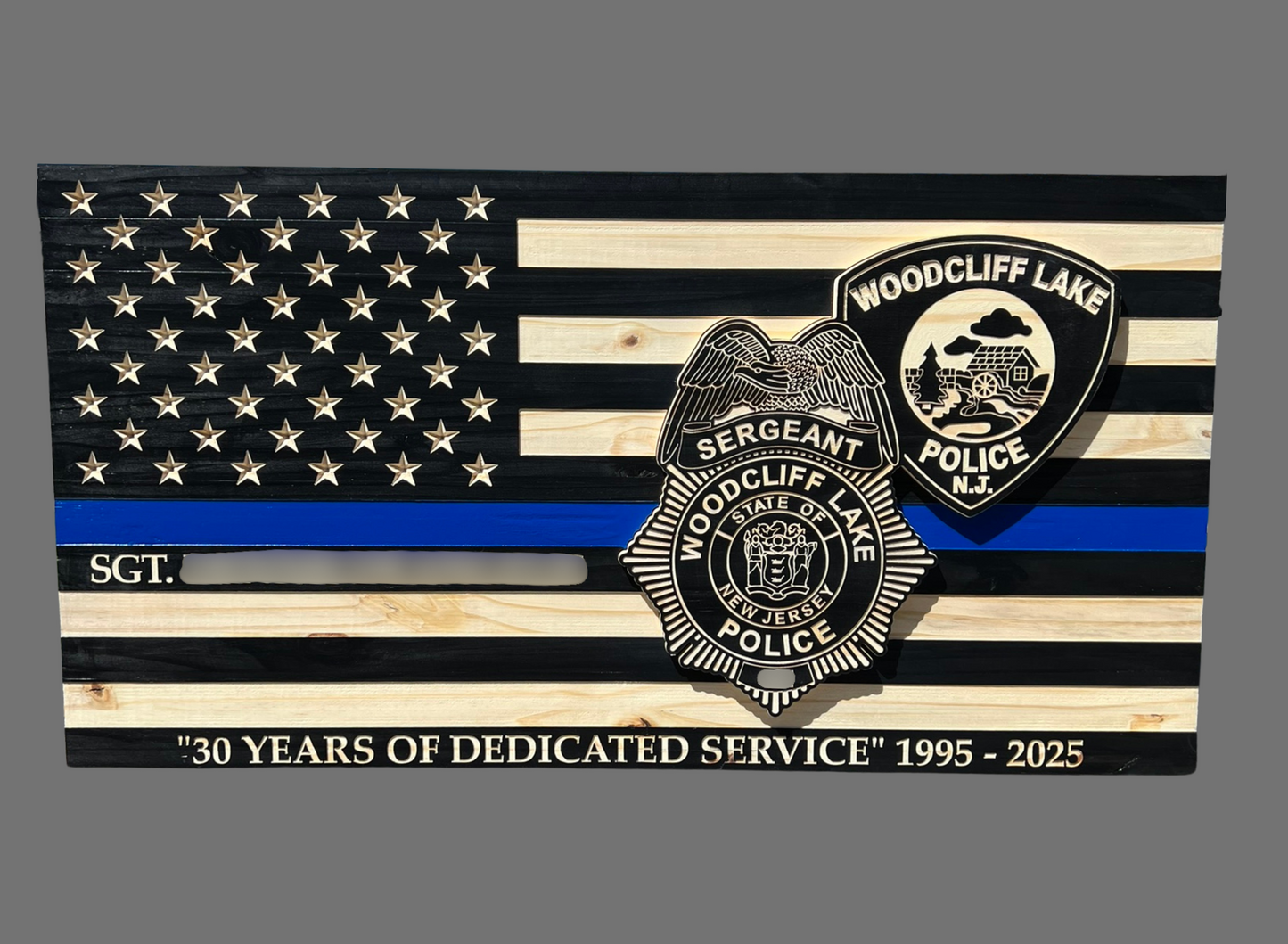 Custom Wood Thin Blue Line Flag with Patch & Badge