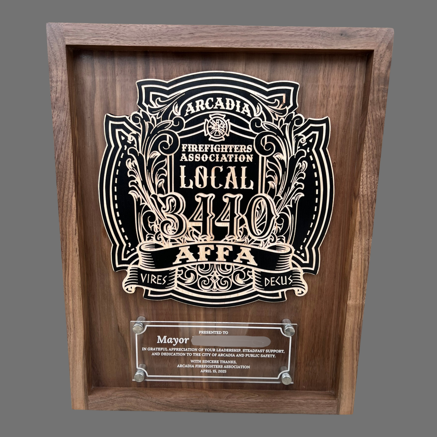 Wooden Plaque With Badge & Engraved Acrylic