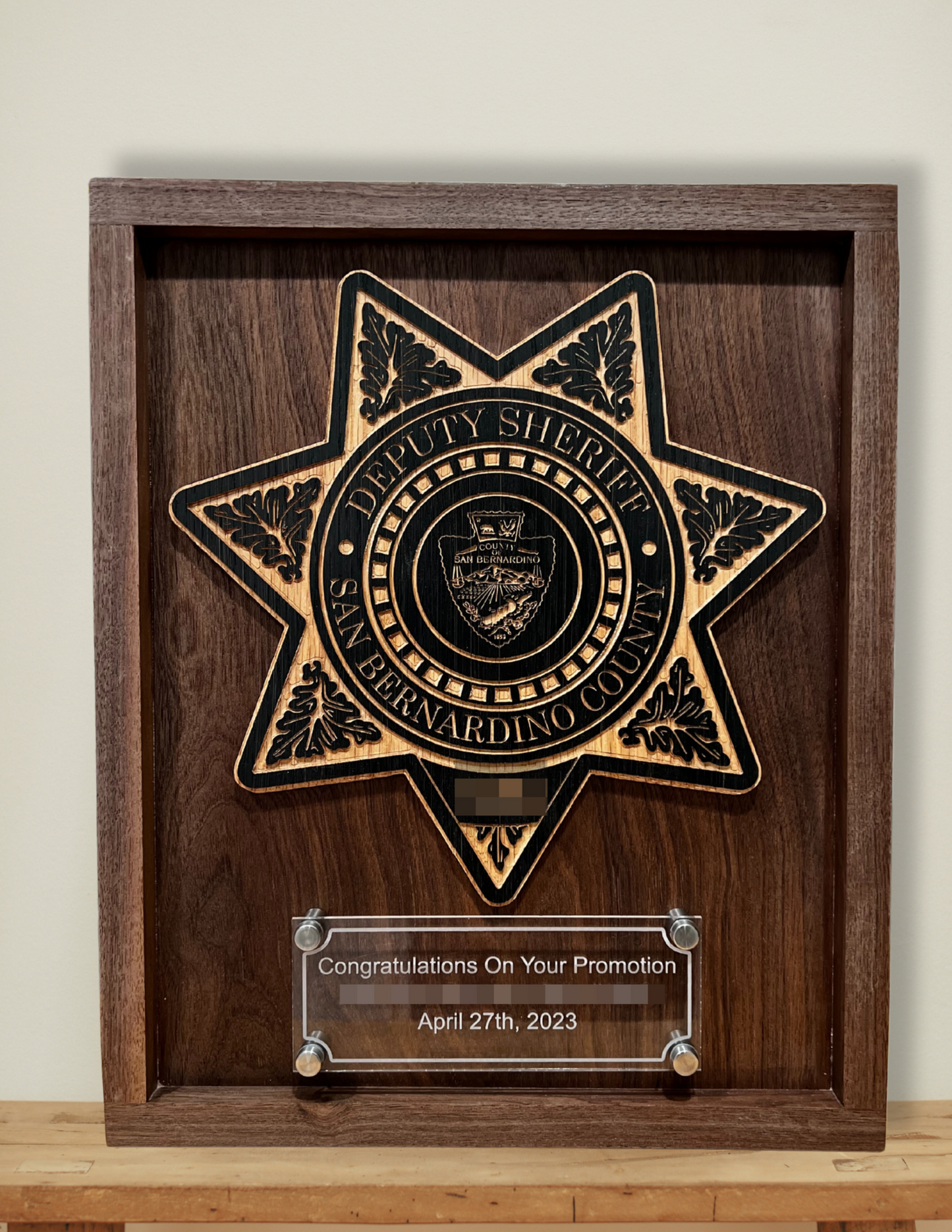 Wooden Plaque With Badge & Engraved Acrylic