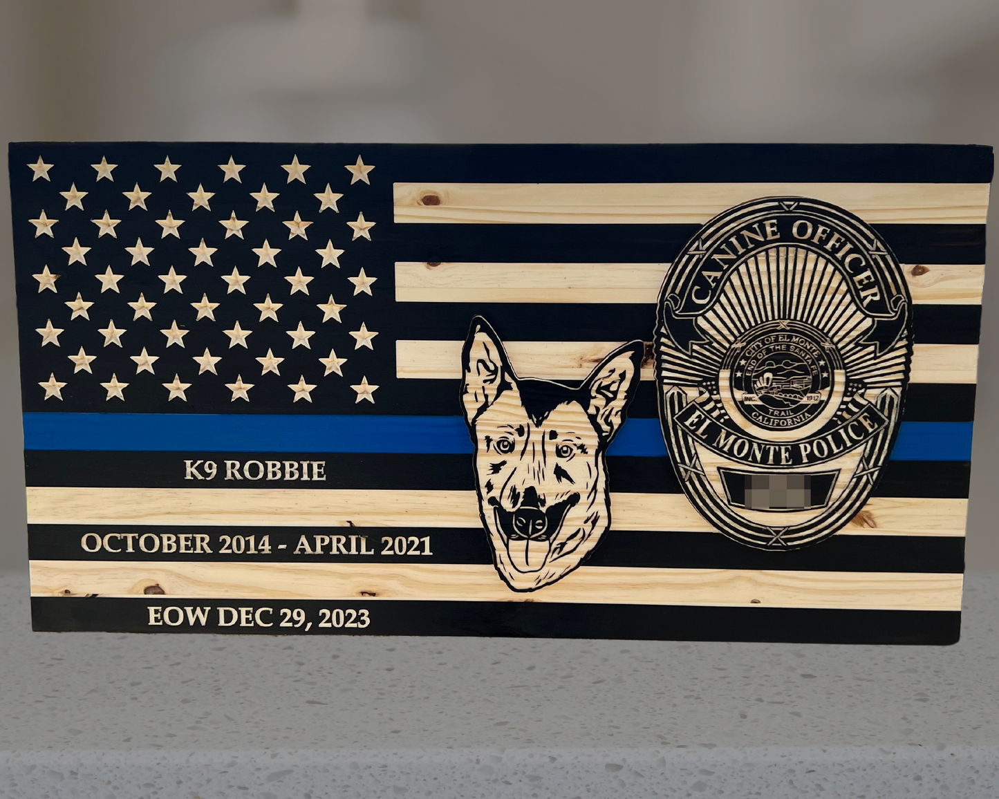 K9 - Custom Wood Thin Blue Line Flag