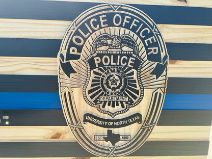Personalized Wood Thin Blue Line Flag Wall with Inlay Badge