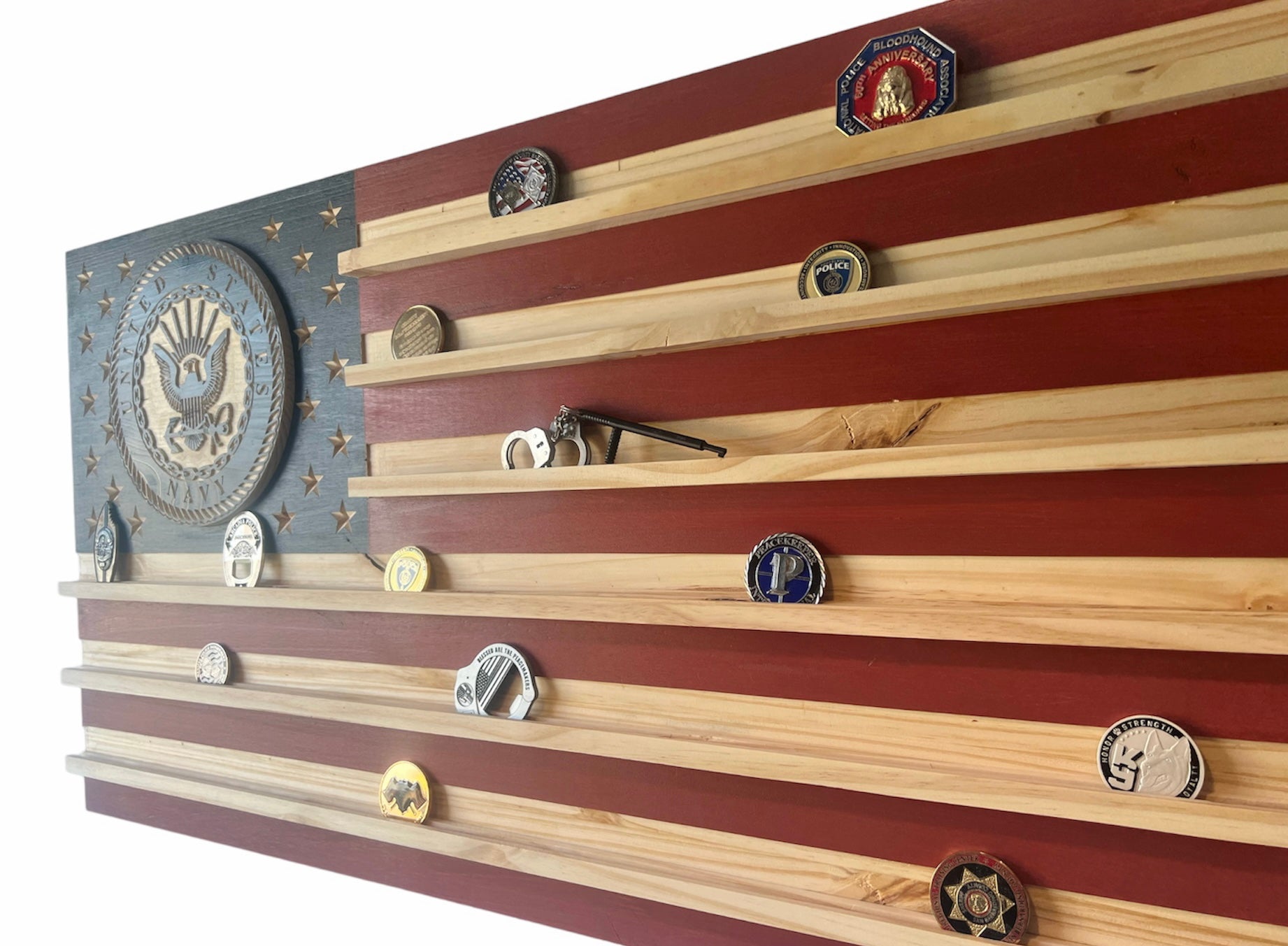 Flag With Challenge Coin Display Racks and Inlay