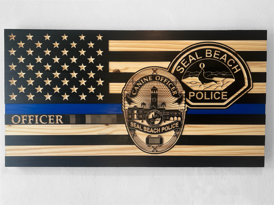 Personalized Wood Thin Blue Line Flag Wall with Patch & Badge